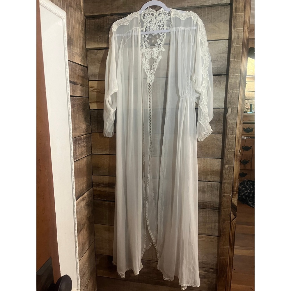 Vintage White Sheer Lace Maxi Robe Duster Bridal Lingerie Long Sleeve White